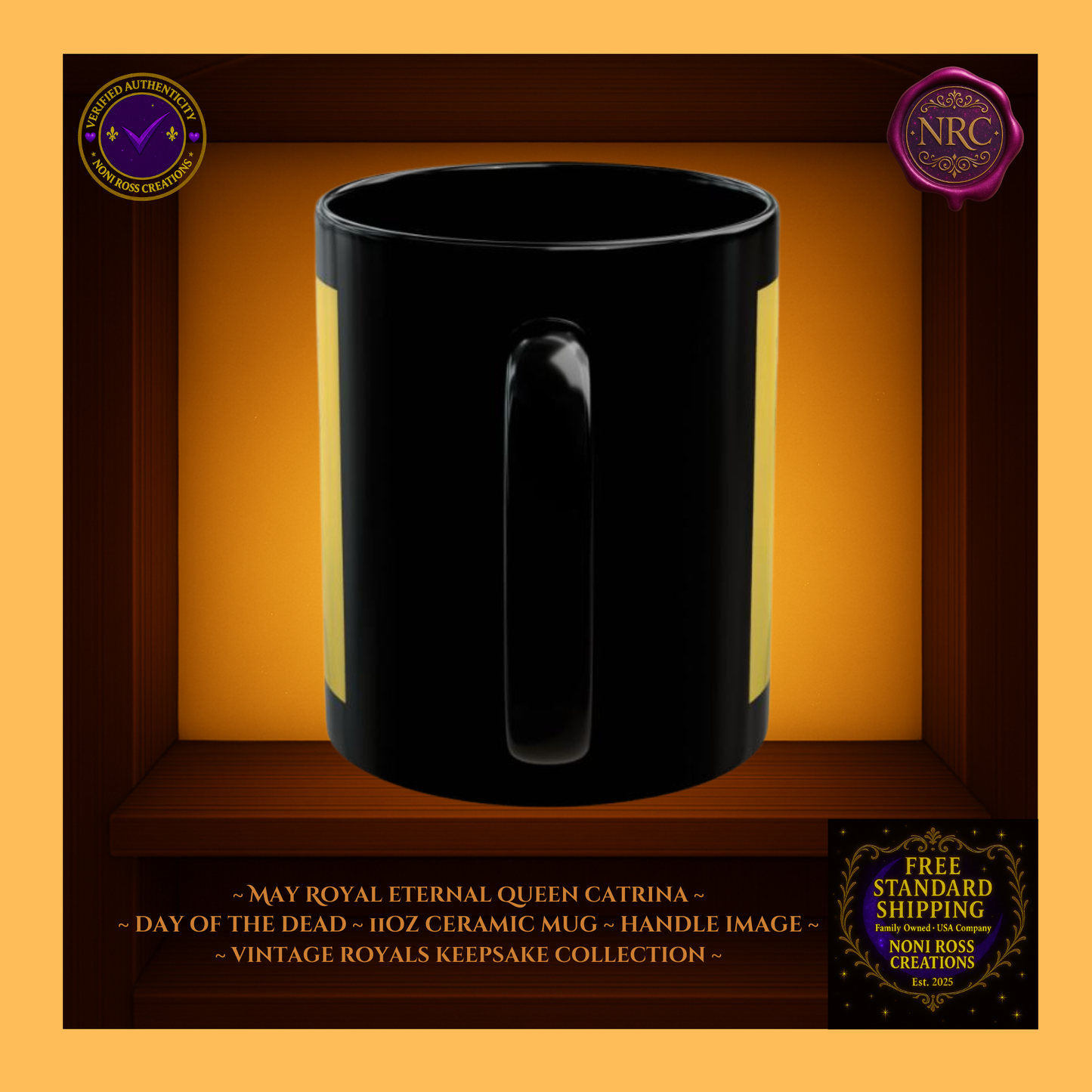 Handle detail—porcelain white interior with rose and gold artwork edging, 11 oz ceramic mug