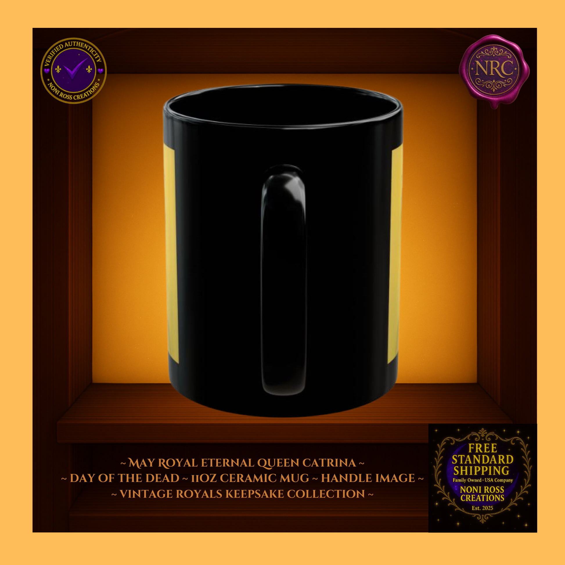 Handle detail—porcelain white interior with rose and gold artwork edging, 11 oz ceramic mug