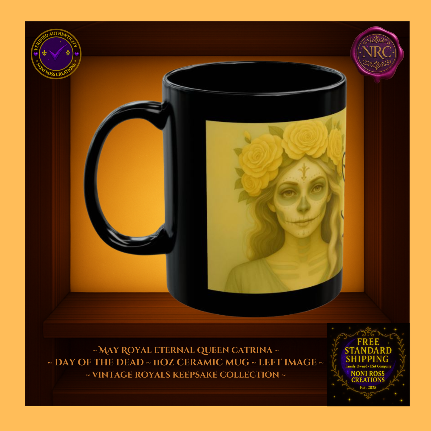 Left side—May Eternal Queen Catrina Mug showing gold lace trim and rose gown, 11 oz ceramic mug
