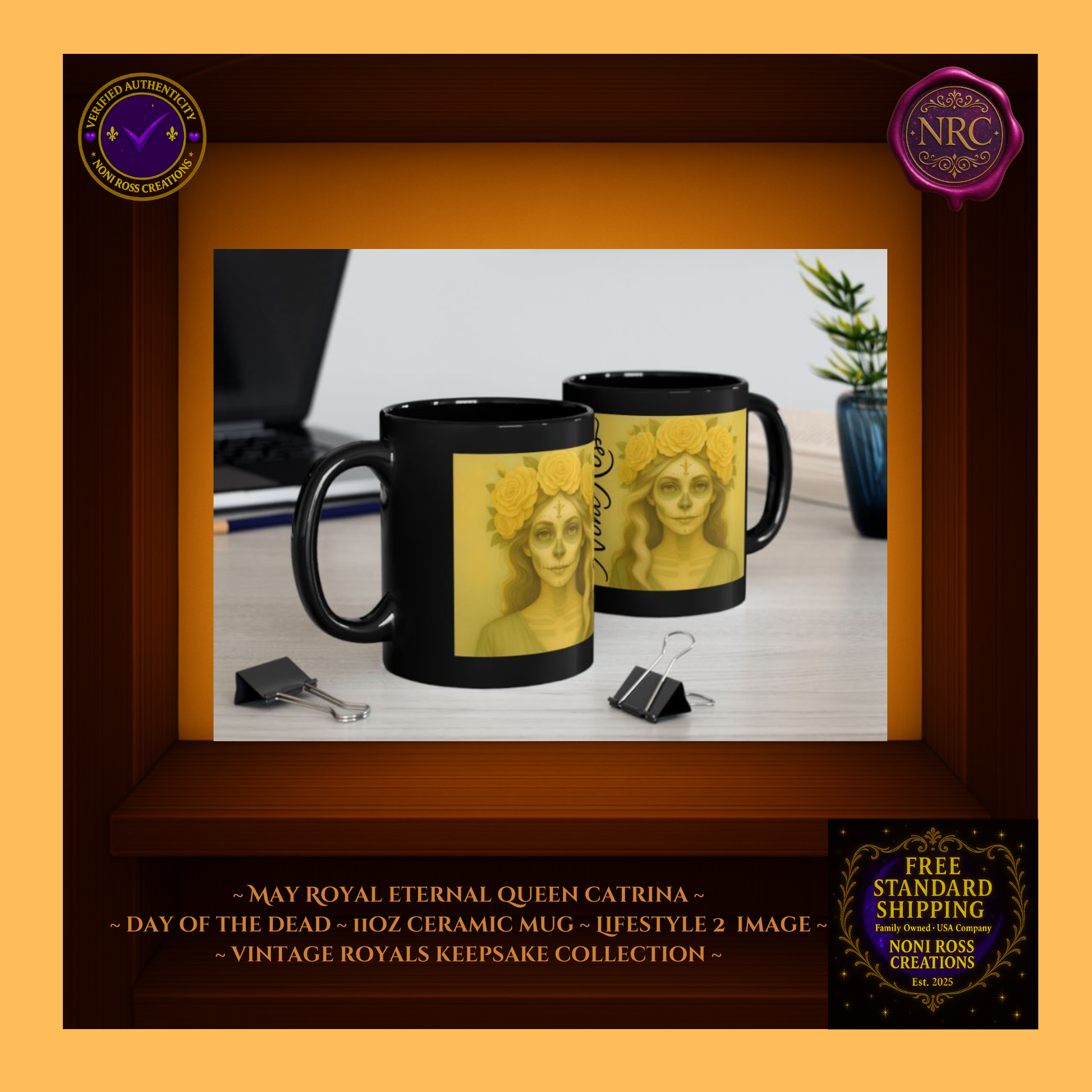 Cozy spring morning—Eternal Queen Catrina Mug near book and flowers, blush rose and gold color palette