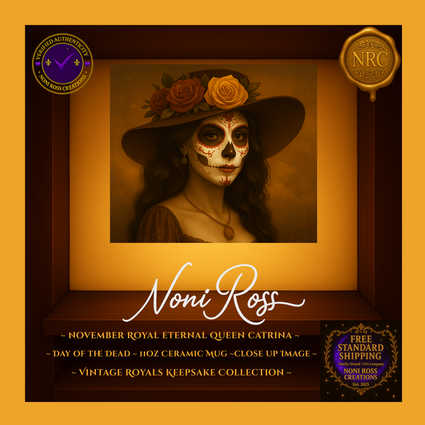 Close-up of November Catrina artwork—ornate sugar-skull makeup, vintage gown, rose accents in warm autumn amber and gold on soft shadowed background | Noni Ross Creations