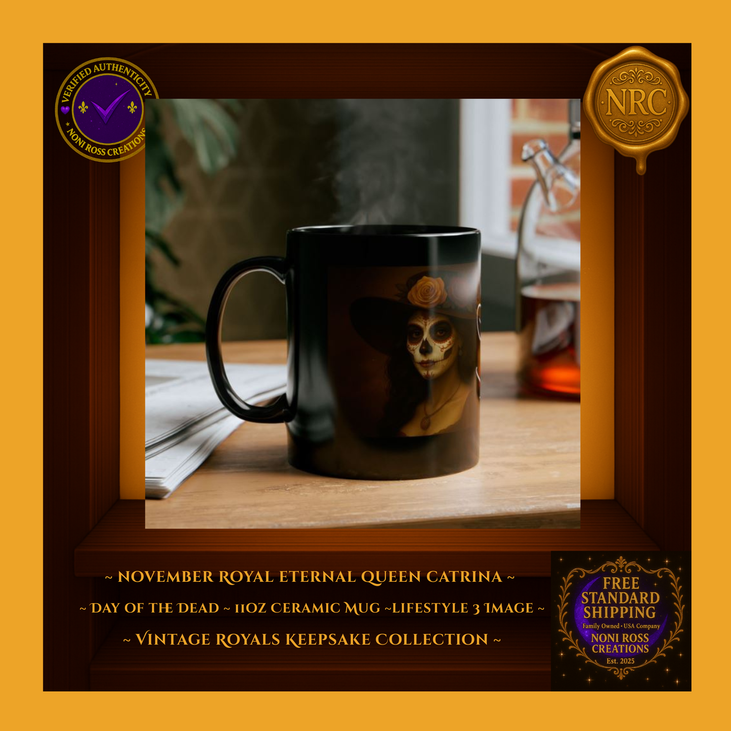 Holiday-ready scene featuring November Catrina Mug with golden accents and soft ambient lights—collector keepsake | Noni Ross Creations