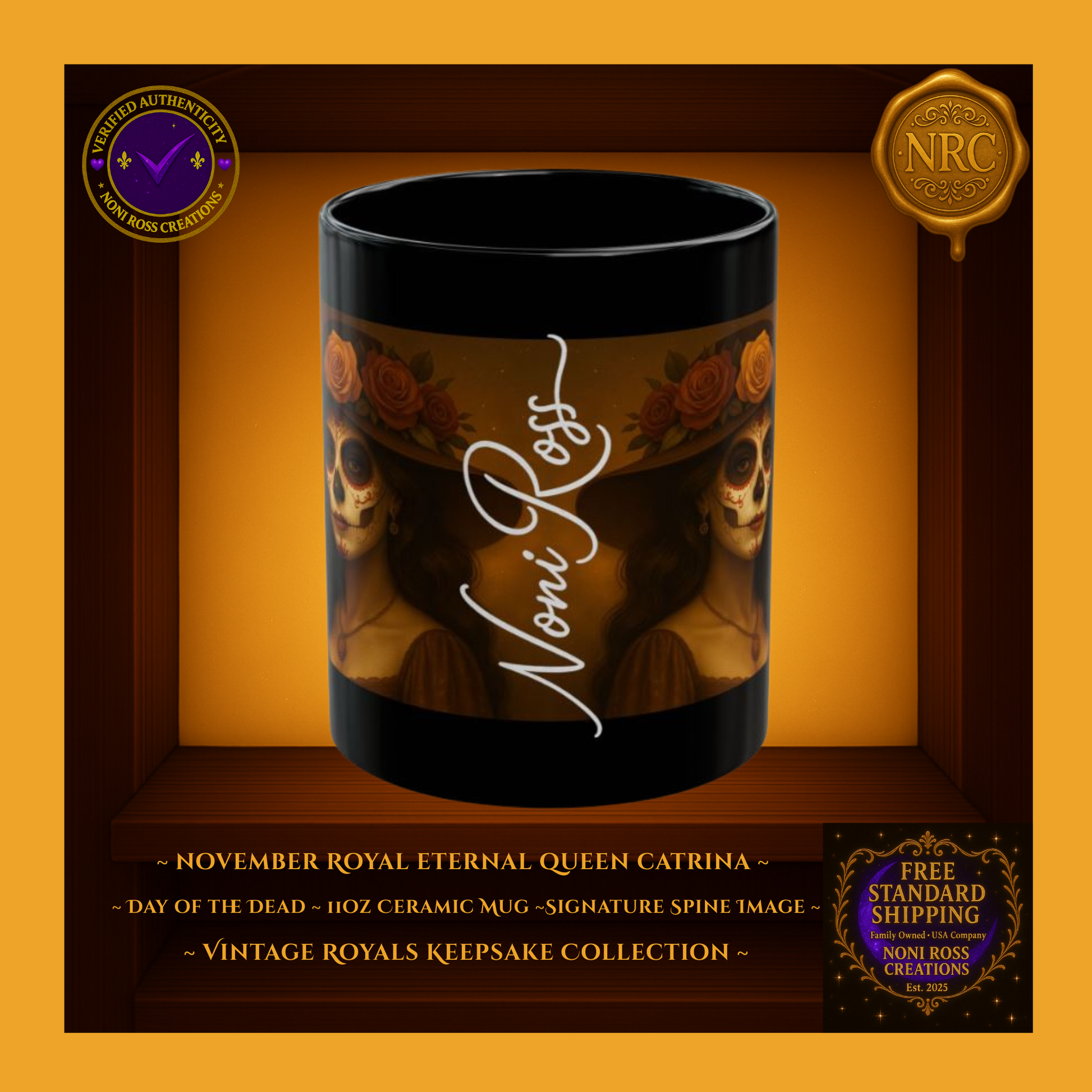 Side profile of November Catrina Mug featuring artist signature ‘Noni Ross’ along the artwork spine | Vintage Royals Keepsake Collection