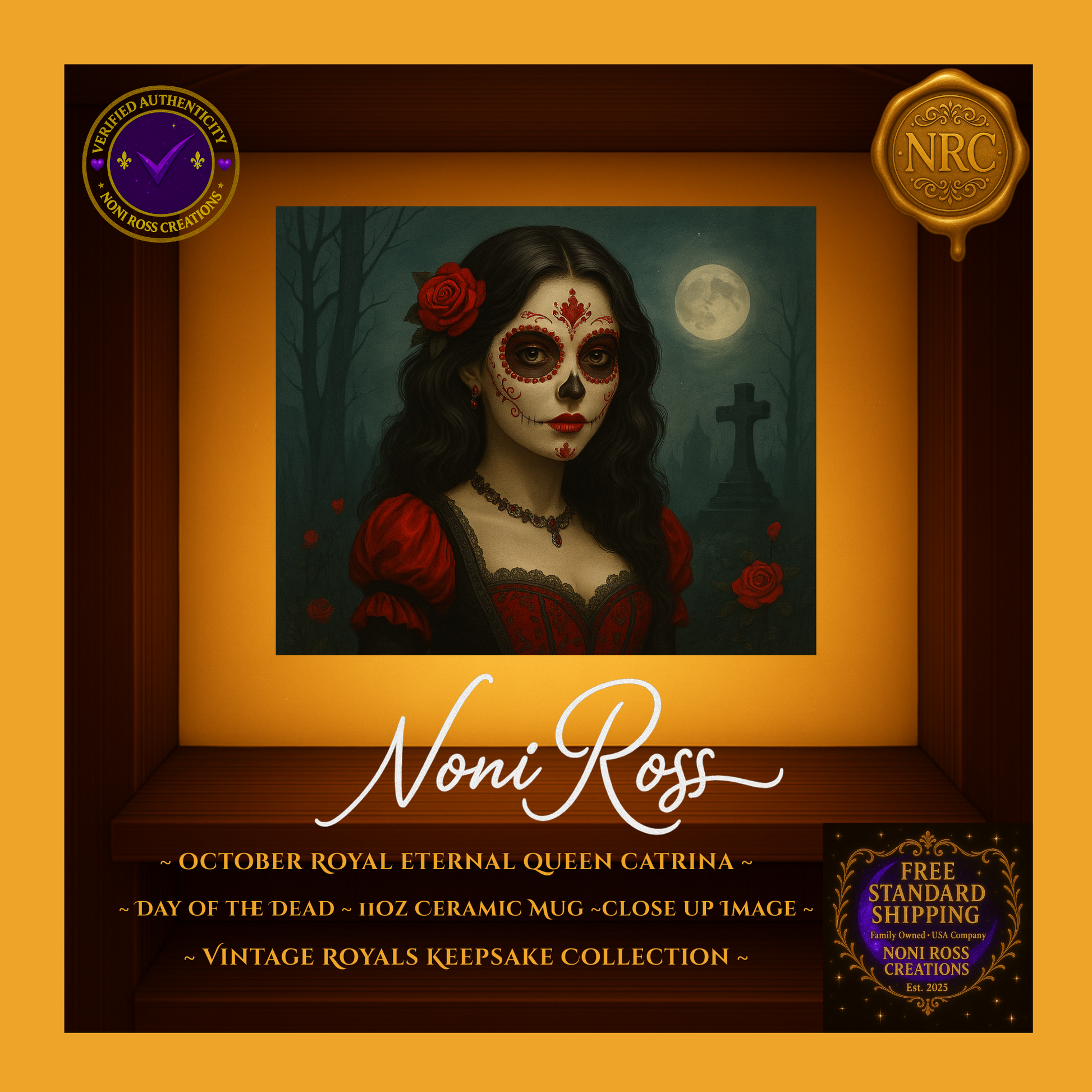 Close-up of October Catrina—intricate red sugar-skull makeup, crimson rose, and lace detail against forest-teal night | Noni Ross Creations