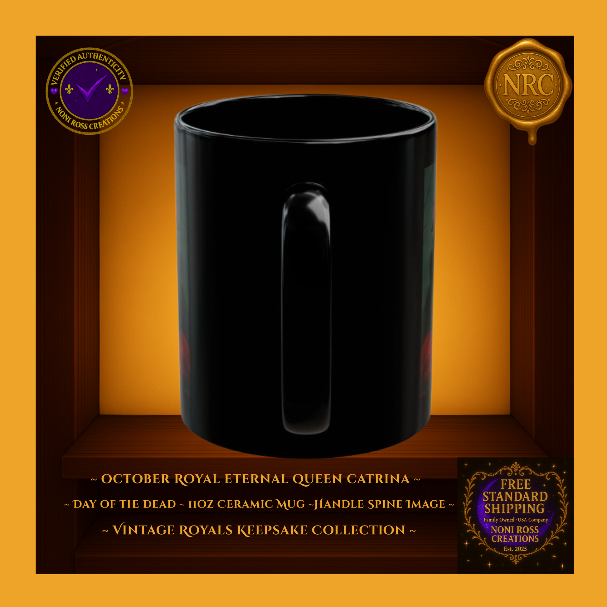 Handle side of October Catrina 11oz ceramic mug showing glossy black finish and edge of moonlit artwork | Noni Ross Creations