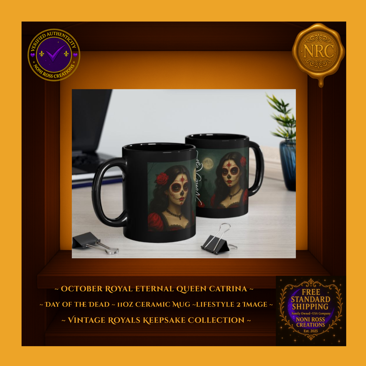 Cozy scene with October Catrina Mug beside a book and lantern—moody vintage ambiance | Noni Ross Creations