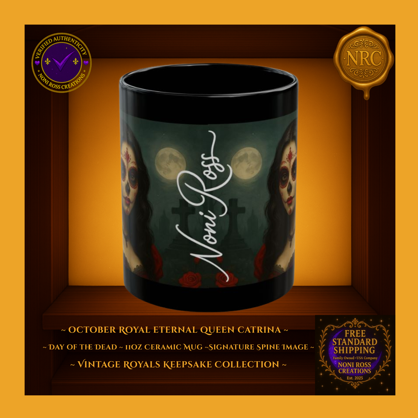 Side profile of October Catrina Mug with elegant ‘Noni Ross’ artist signature along the artwork spine | Vintage Royals Keepsake Collection