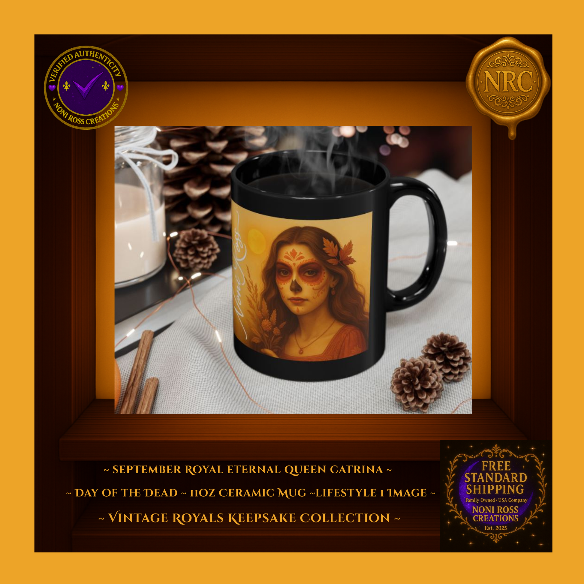 September Queen Catrina Mug beside fall leaves and pearls — autumn ritual | 💜 Noni Ross Creations