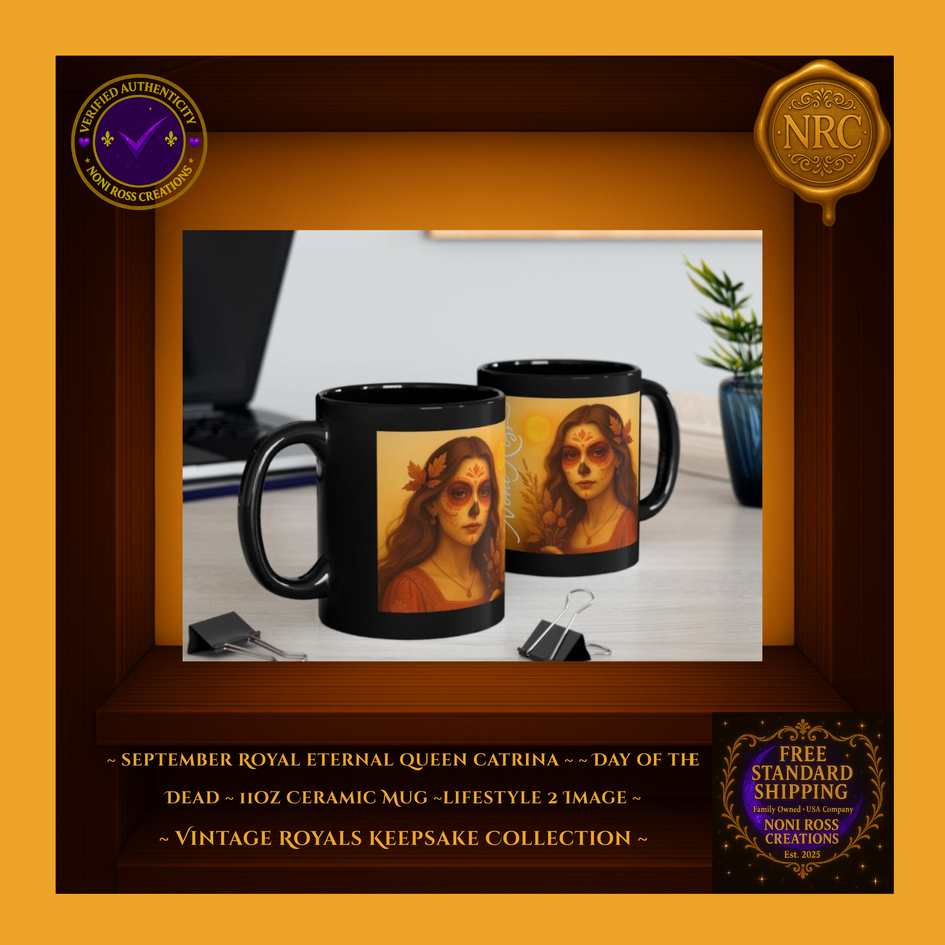 Cozy display — Eternal Queen Catrina Mug with journal and candle, emerald-gold palette