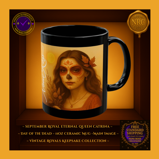 September Eternal Queen Catrina Mug 11 oz in copper and emerald tones | 💜 Noni Ross Creations