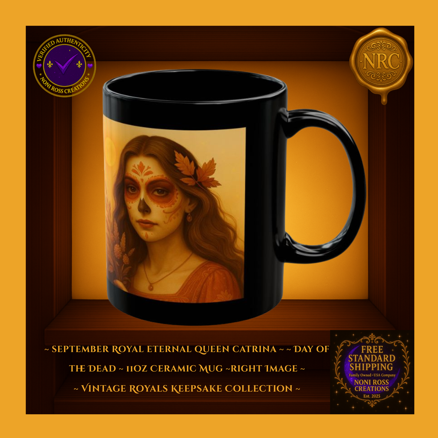 Right side — September Queen Catrina Mug with candlelit shimmer and autumn tones | gothic royal style