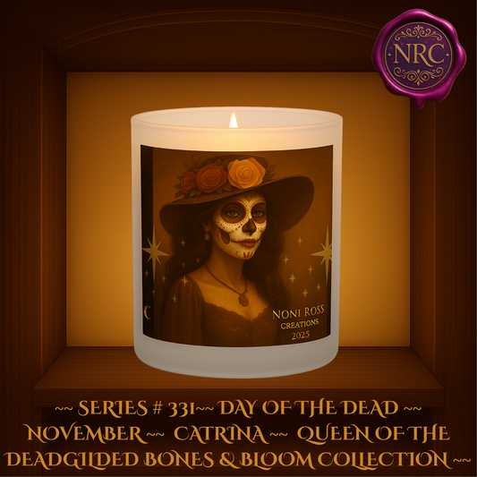 Elegant November Catrina Queen of the Dead candle featuring a regal Day of the Dead woman in a wide-brimmed hat adorned with golden roses, set in a warm autumn sepia tone with delicate sugar skull makeup, part of the Gilded Bones & Bloom Collection by Noni Ross Creations.