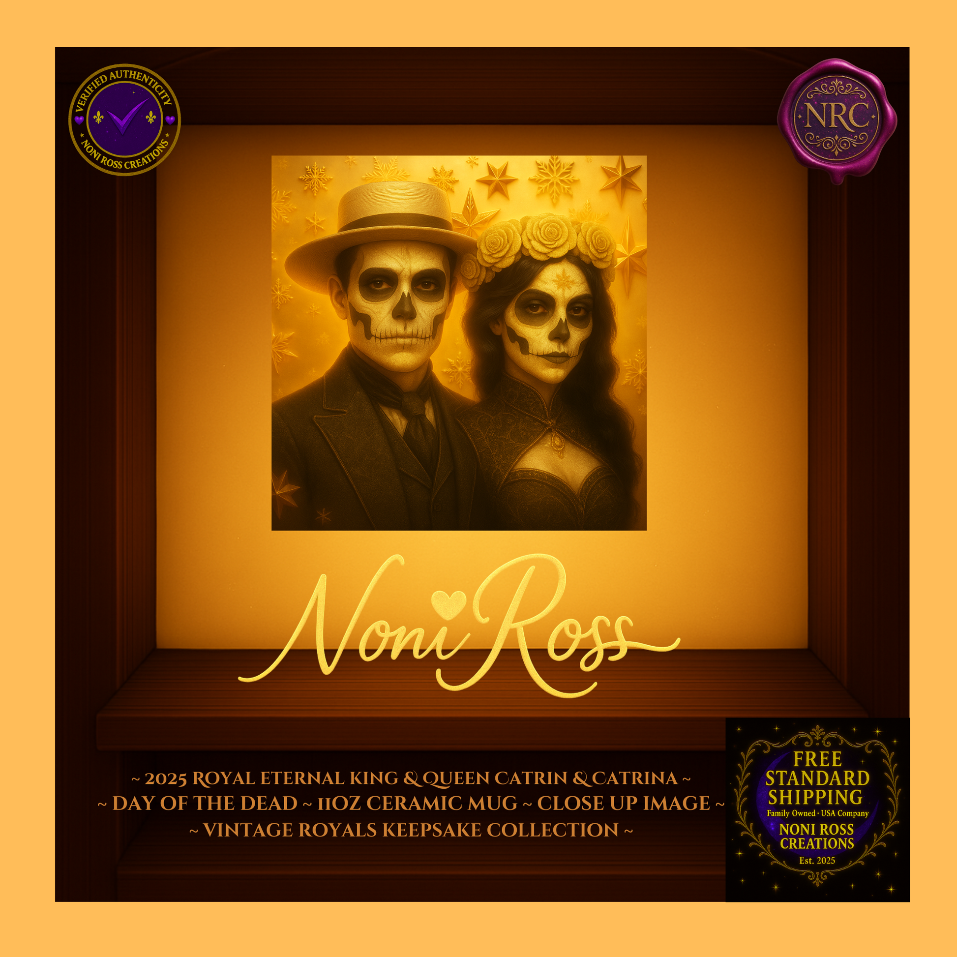 Close-up of 2025 King & Queen faces with silver crowns and crystal highlights — vintage royal portrait art