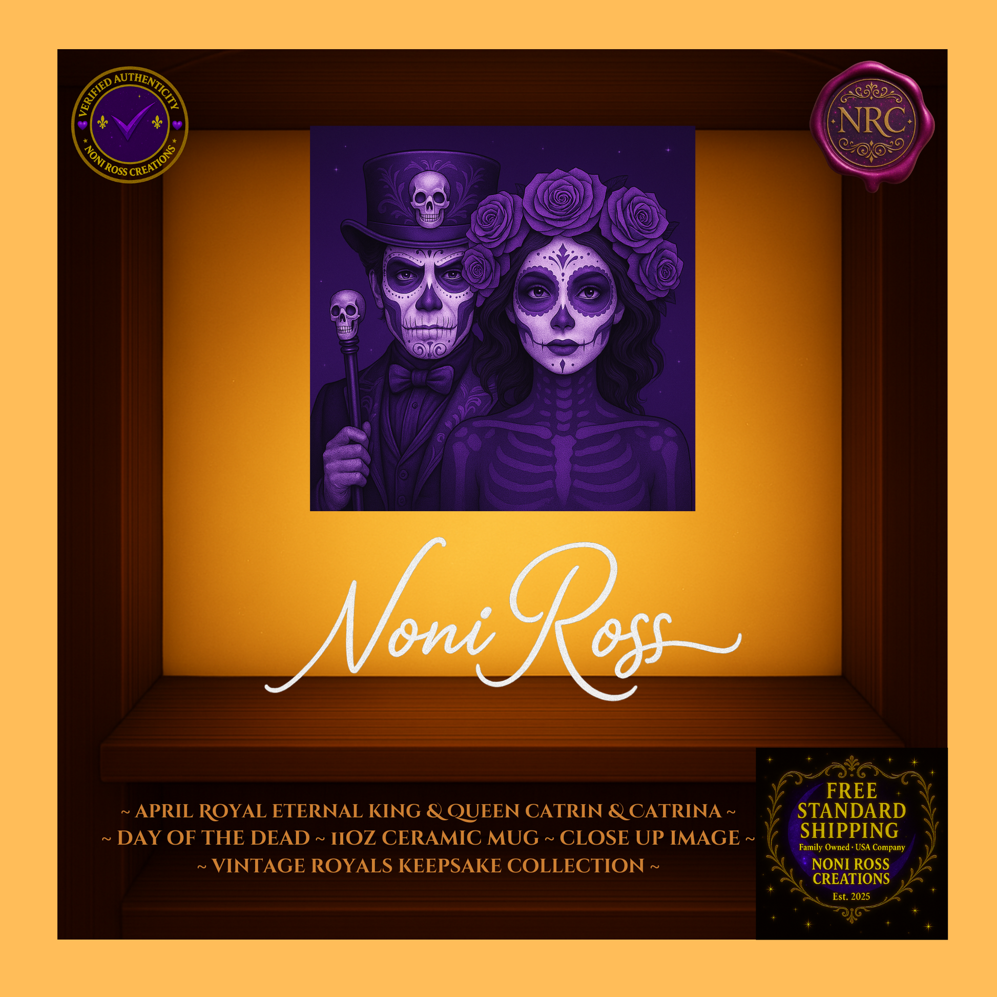 Close-up of April King & Queen faces with jeweled crowns and silver highlights—vintage royal couple art