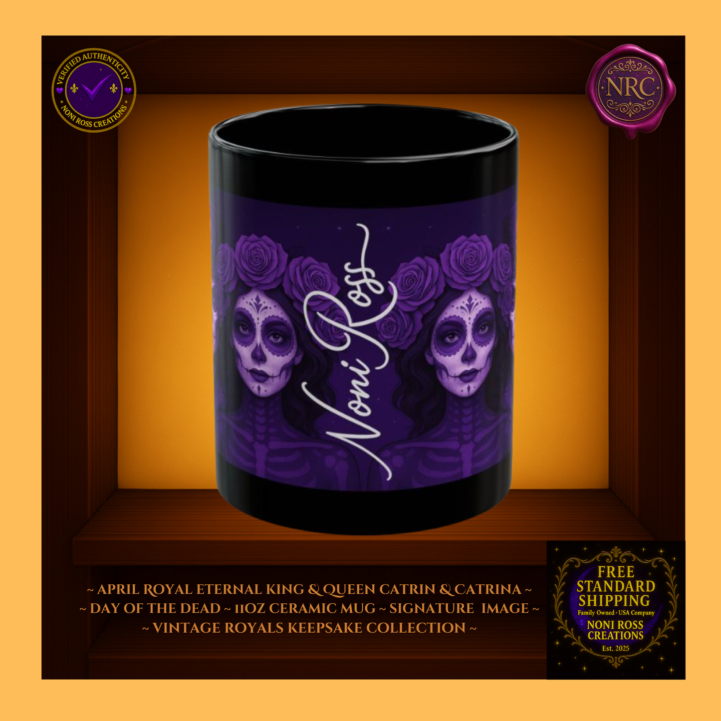 Signature spine—💙 Noni Ross Creations logo with Vintage Royals filigree on sky-blue background, collector couple set