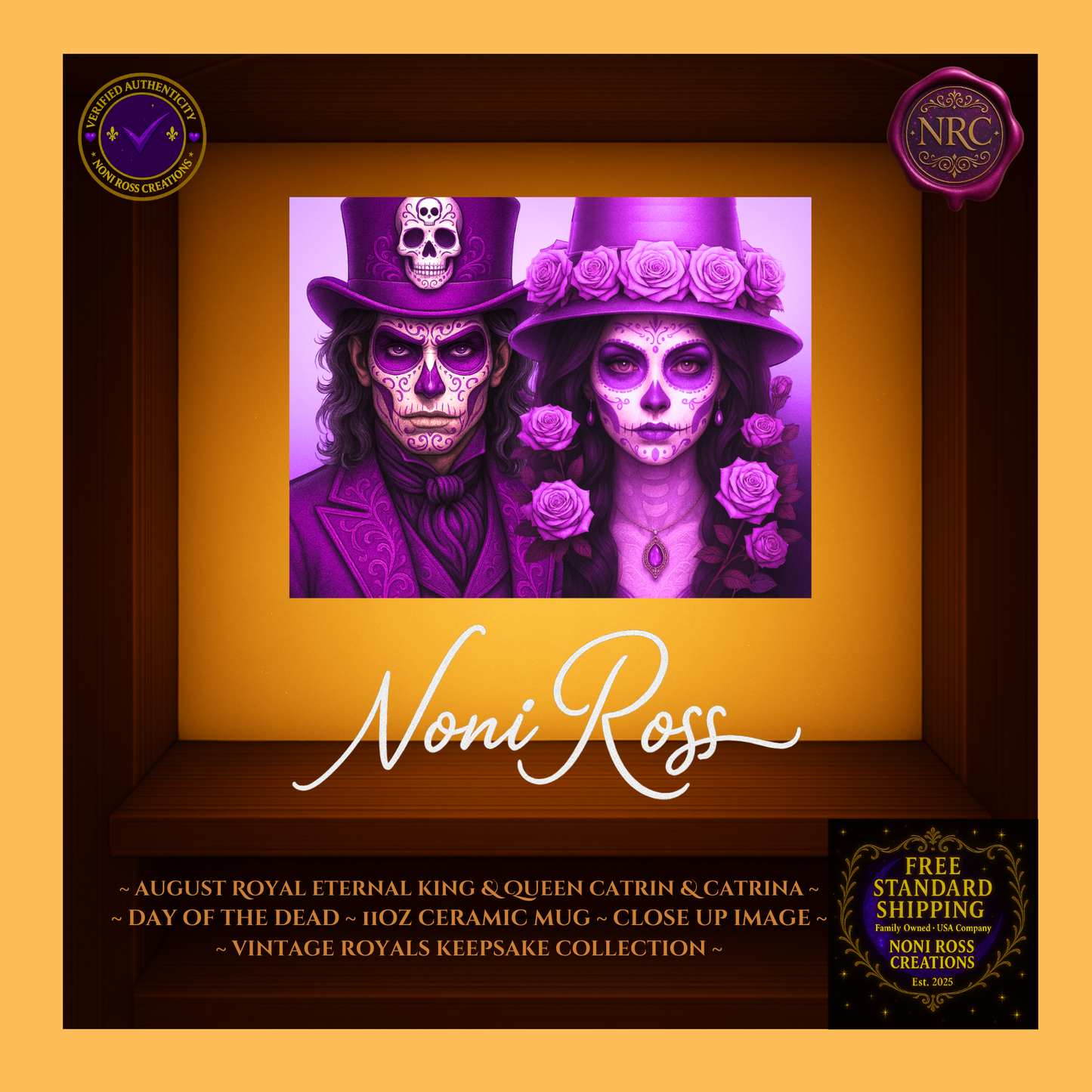 Close-up of August King & Queen faces with jeweled crowns and gold-violet lighting — vintage royal portrait art