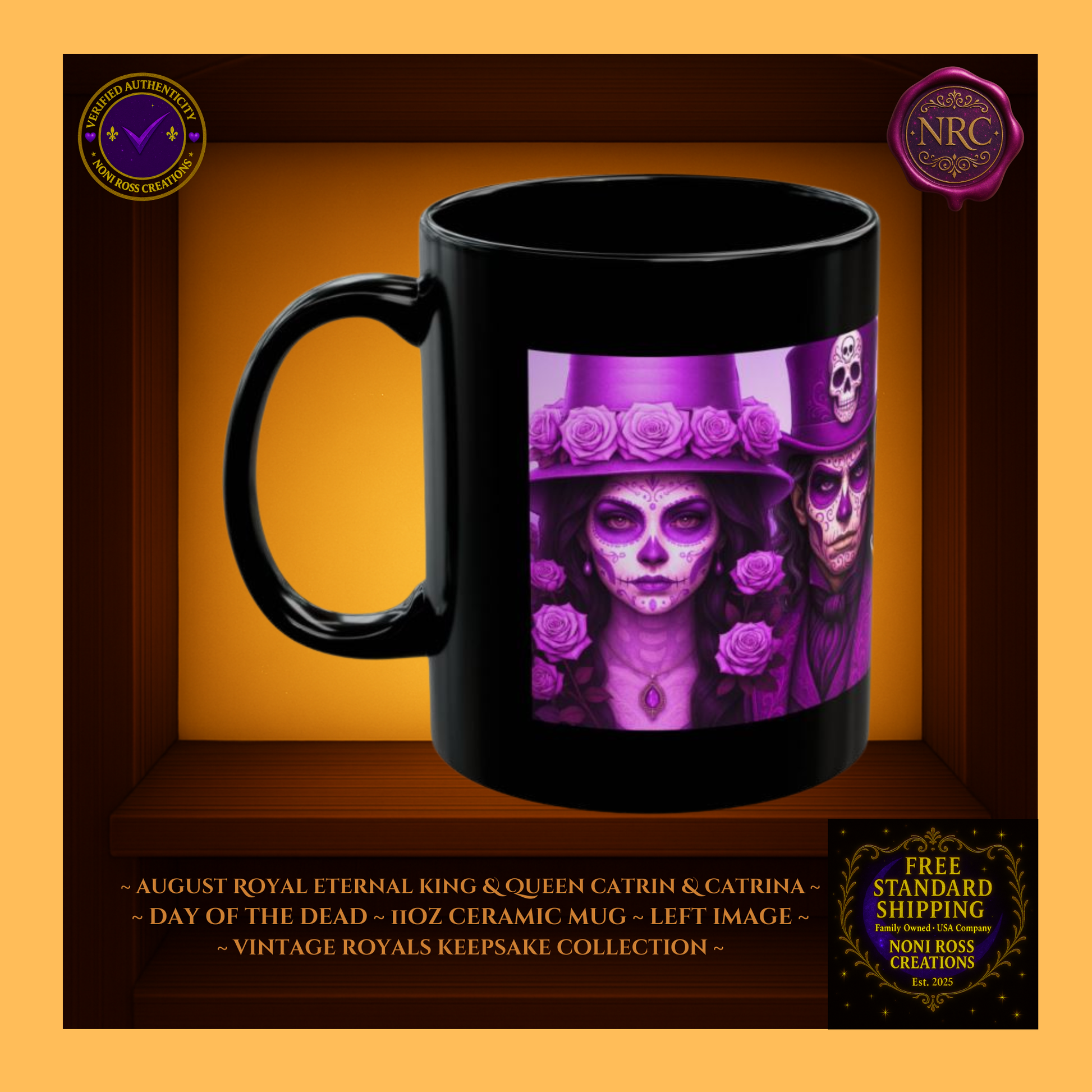 Left side — August Eternal King & Queen Mugs showing amethyst and gold details, 11 oz ceramic mugs