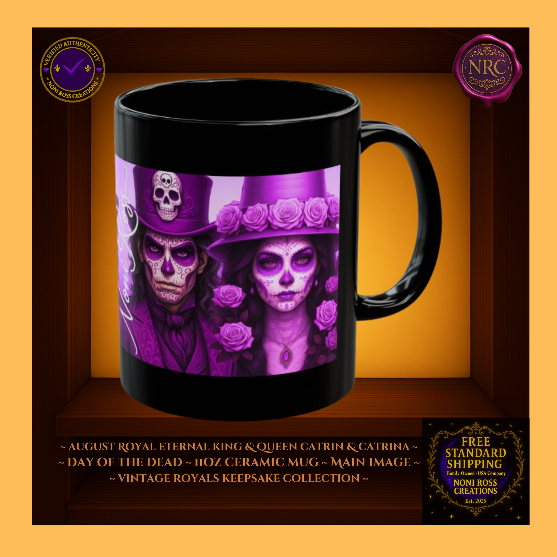August Eternal King & Queen Catrin & Catrina Mug Set 11 oz in amber gold and amethyst violet | 💜 Noni Ross Creations