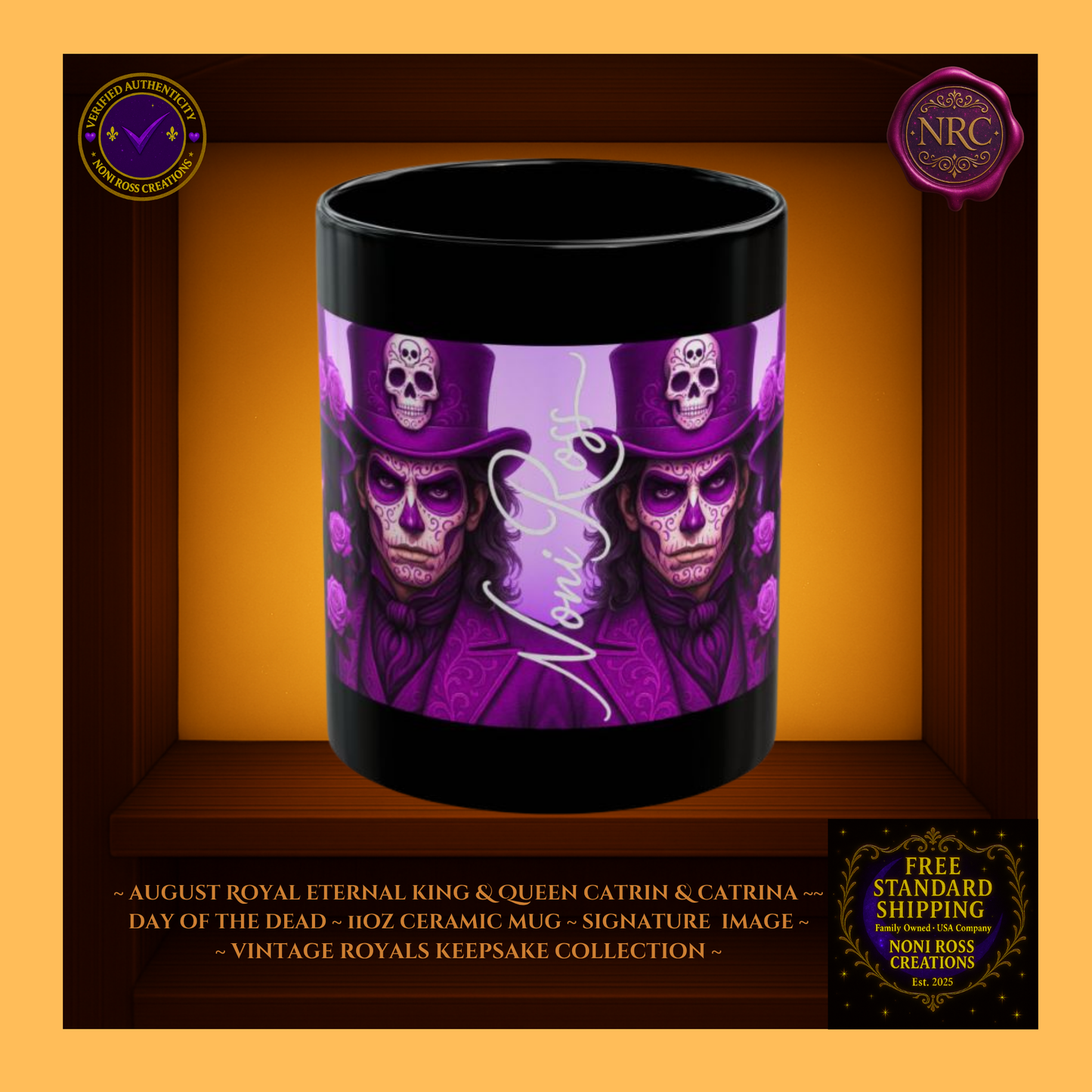 Signature spine — 💜 Noni Ross Creations logo with Vintage Royals filigree on gold background