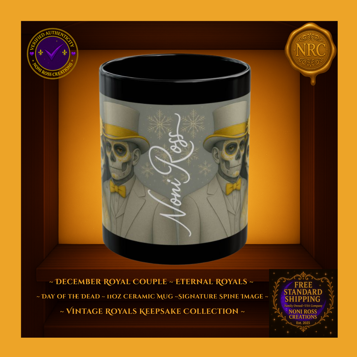 Signature spine — 💜 Noni Ross Creations logo with Vintage Royals filigree on icy blue background, collector edition set