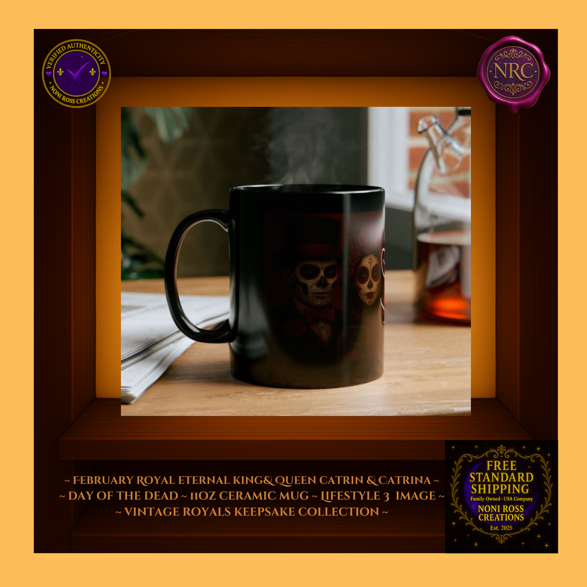 Cozy scene—Eternal King & Queen Mugs beside book and knit blanket, amethyst and silver color palette