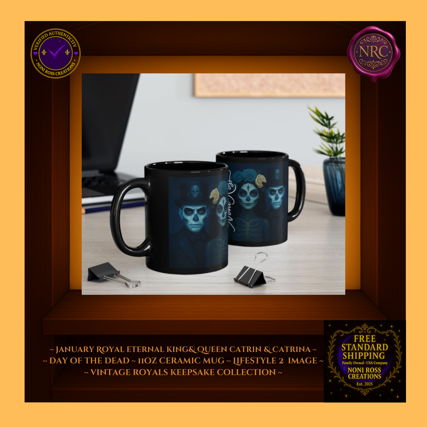 Cozy winter scene—Eternal King & Queen Catrin & Catrina Mugs beside knit blanket and book, free standard shipping