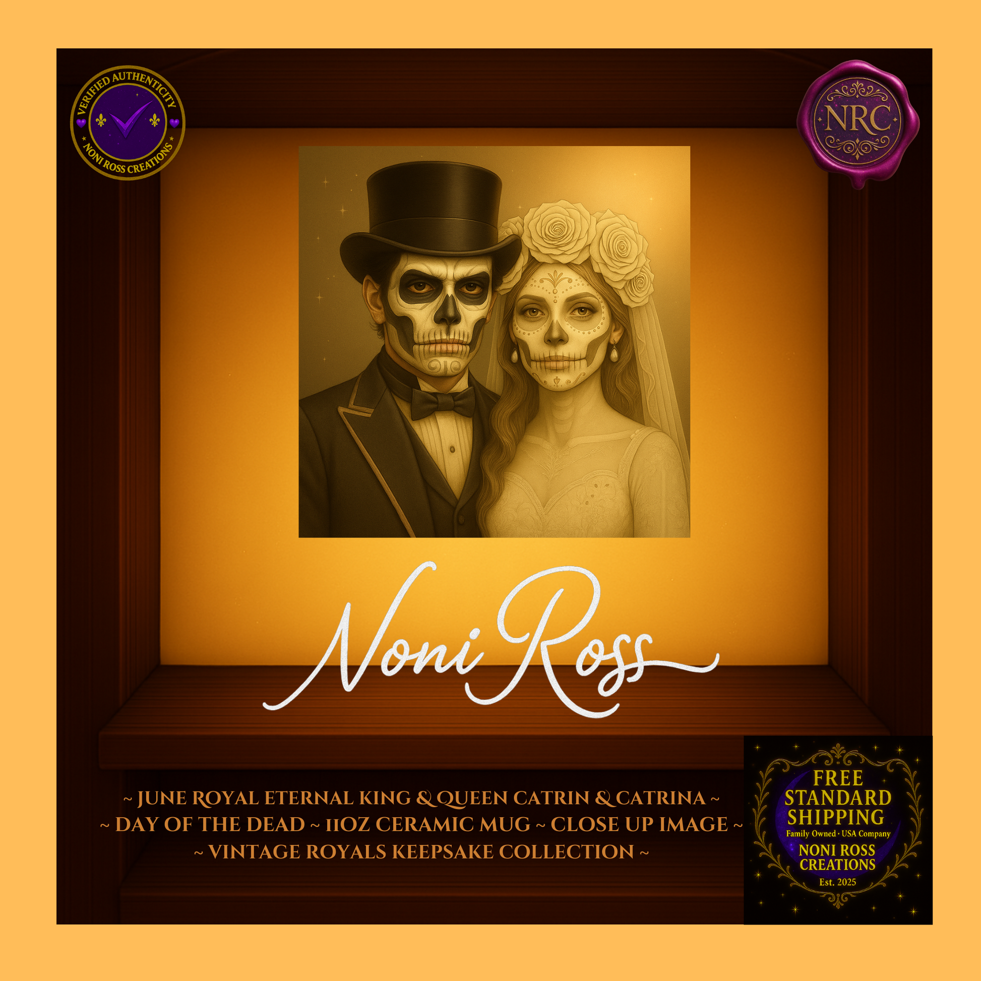 Close-up of June King & Queen faces with jeweled crowns, gold and silver shimmer—vintage royal couple art