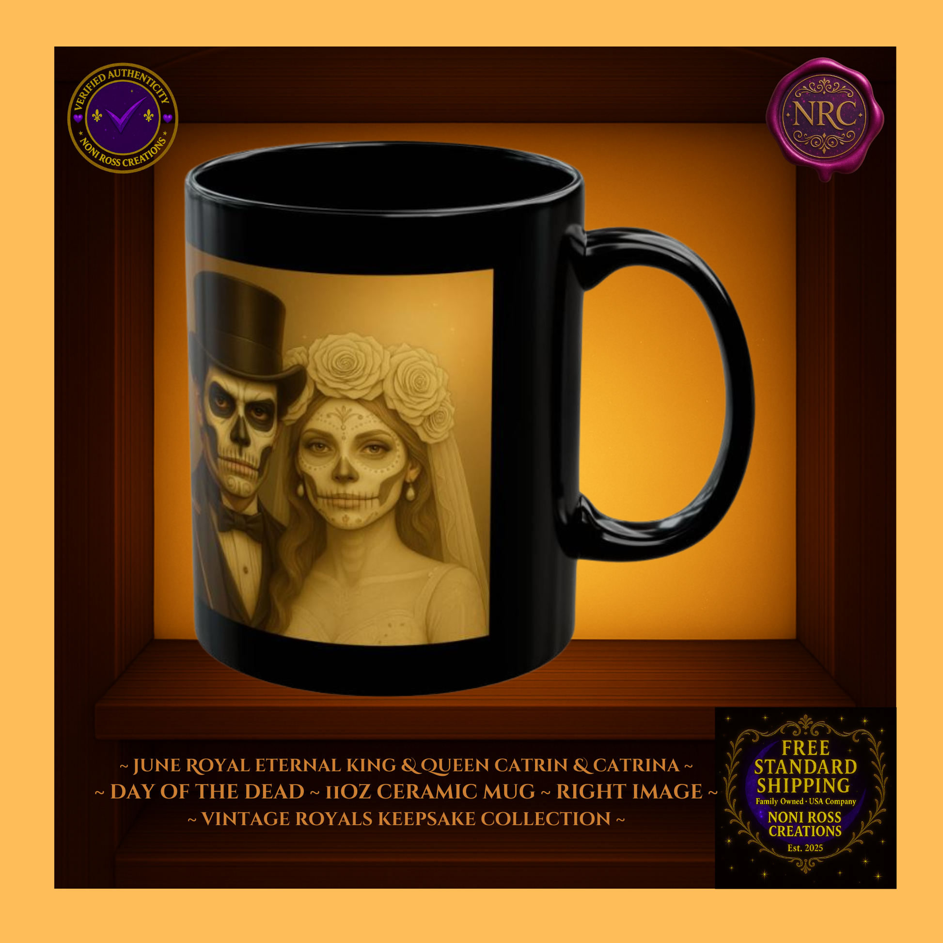 Right side—June King & Queen Catrin & Catrina Mugs with candlelight glow and pearl highlights