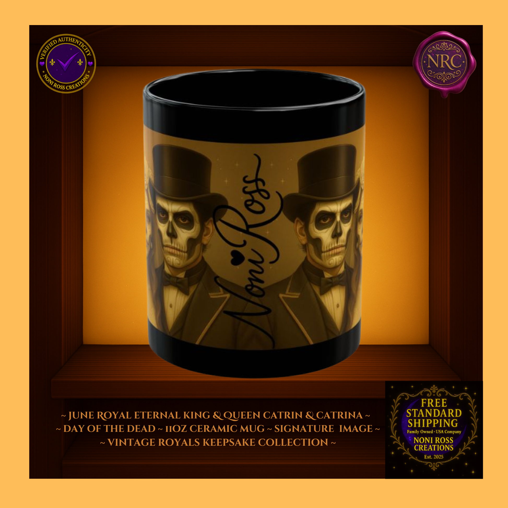 Signature spine—💜 Noni Ross Creations logo with Vintage Royals filigree on metallic silver background