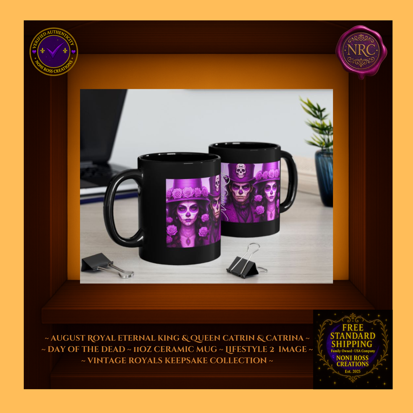Collector display — August Eternal King & Queen Mugs together in gold and violet tones | 💜 Noni Ross Creations