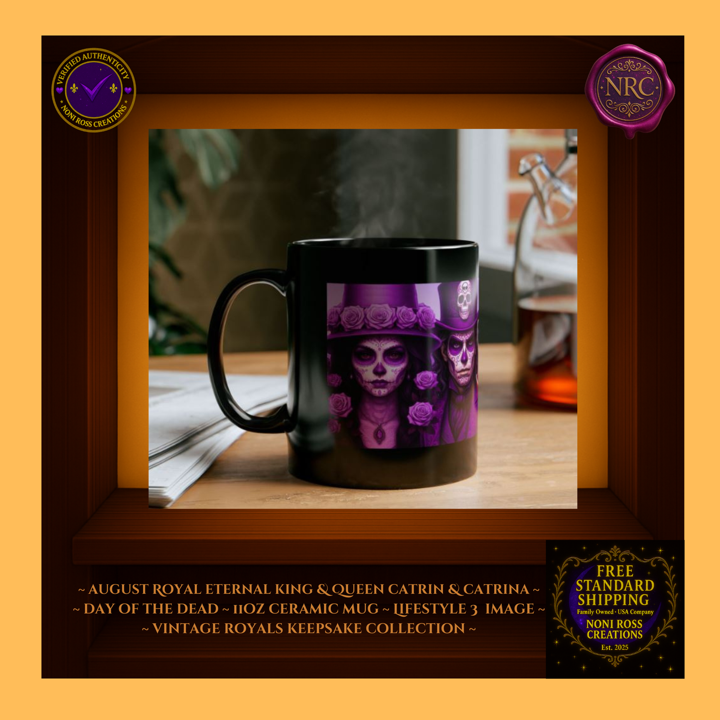 Lifestyle scene — August King & Queen Catrin & Catrina Mugs with pastry and pearls | 💜 NoniRossCreations.com