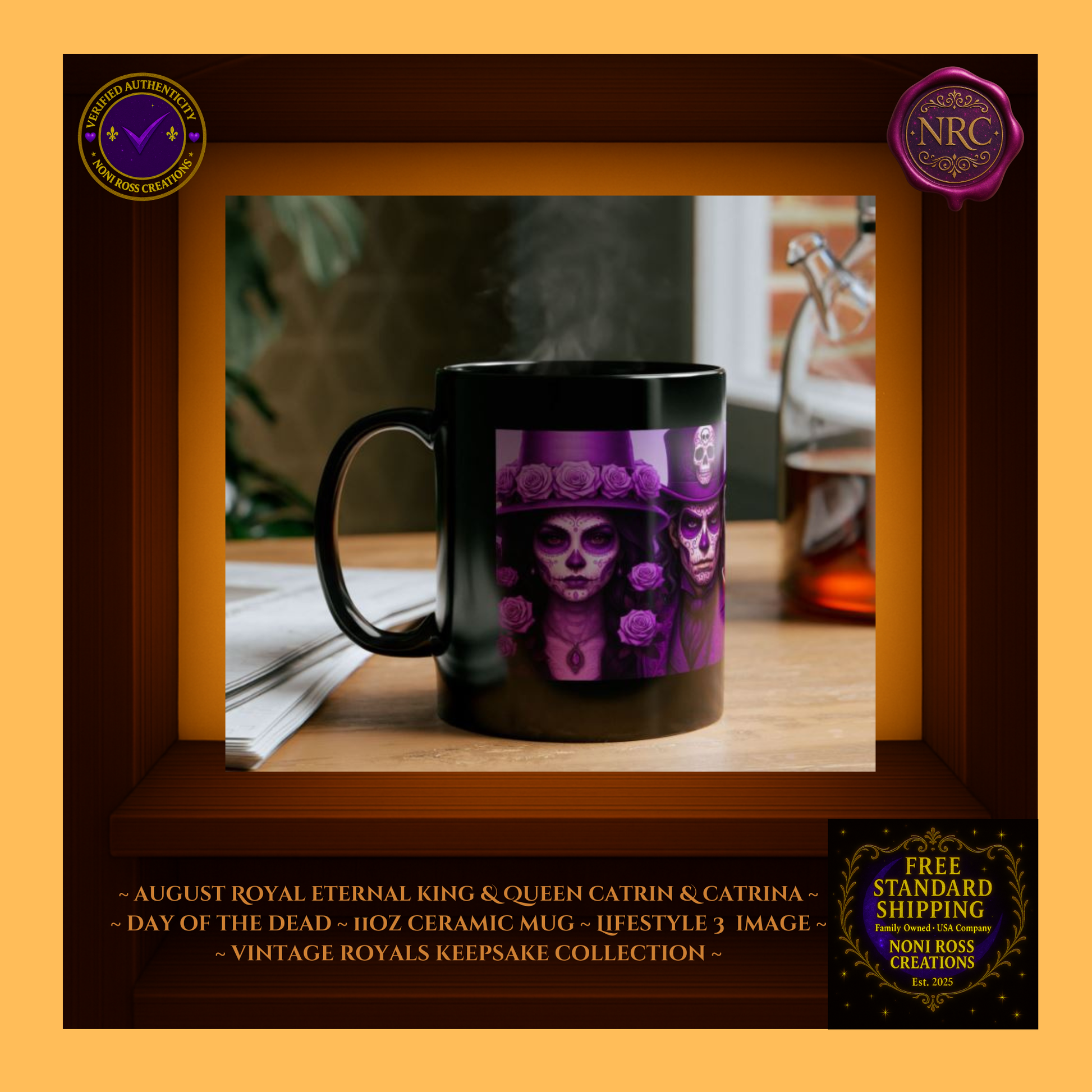 Lifestyle scene — August King & Queen Catrin & Catrina Mugs with pastry and pearls | 💜 NoniRossCreations.com
