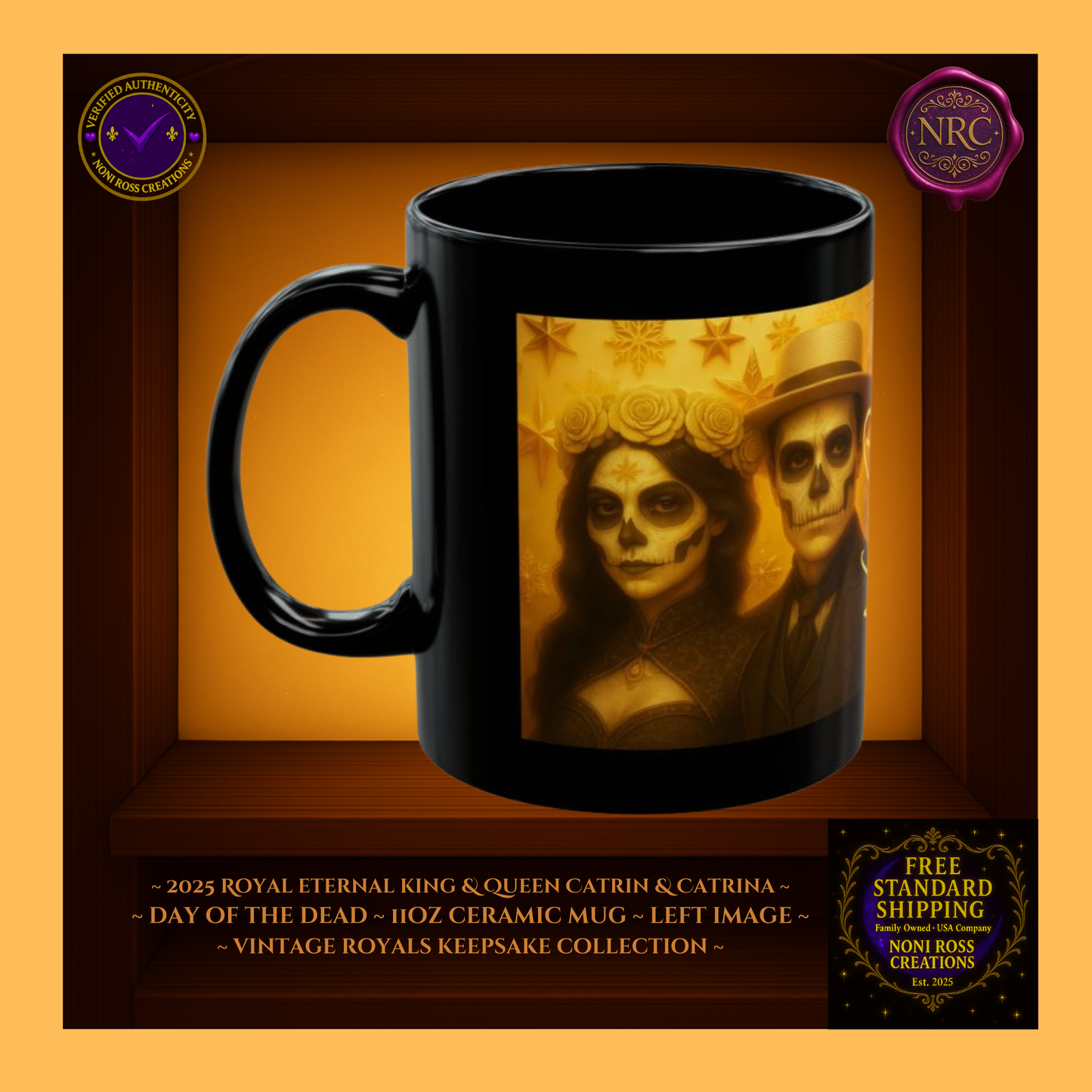 Left side — 2025 Eternal King & Queen Mugs showing icy blue robes and silver trim, 11 oz ceramic mugs