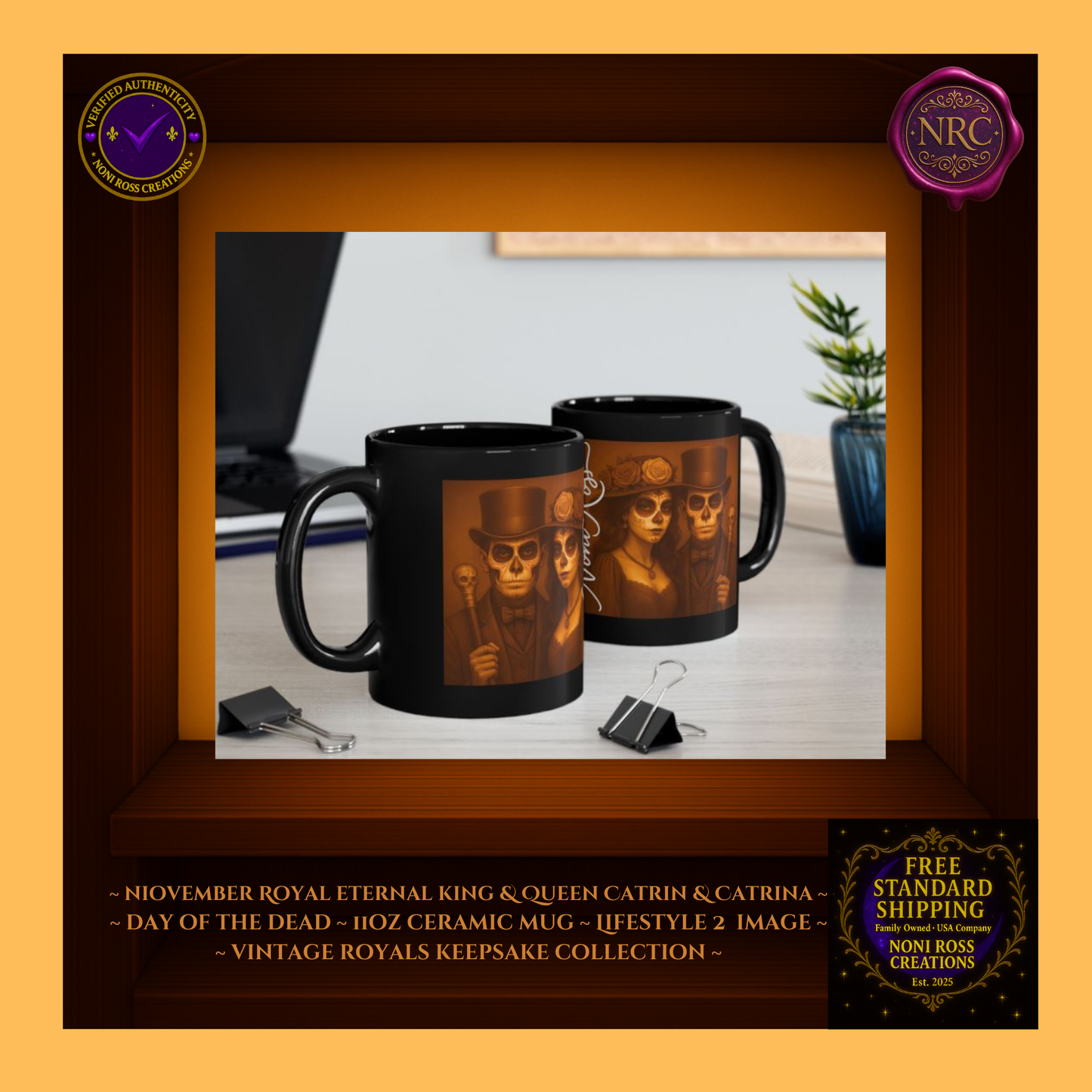 Collector display — November Eternal King & Queen Mugs with silver tones and rose gold trim | 💜 Noni Ross Creations