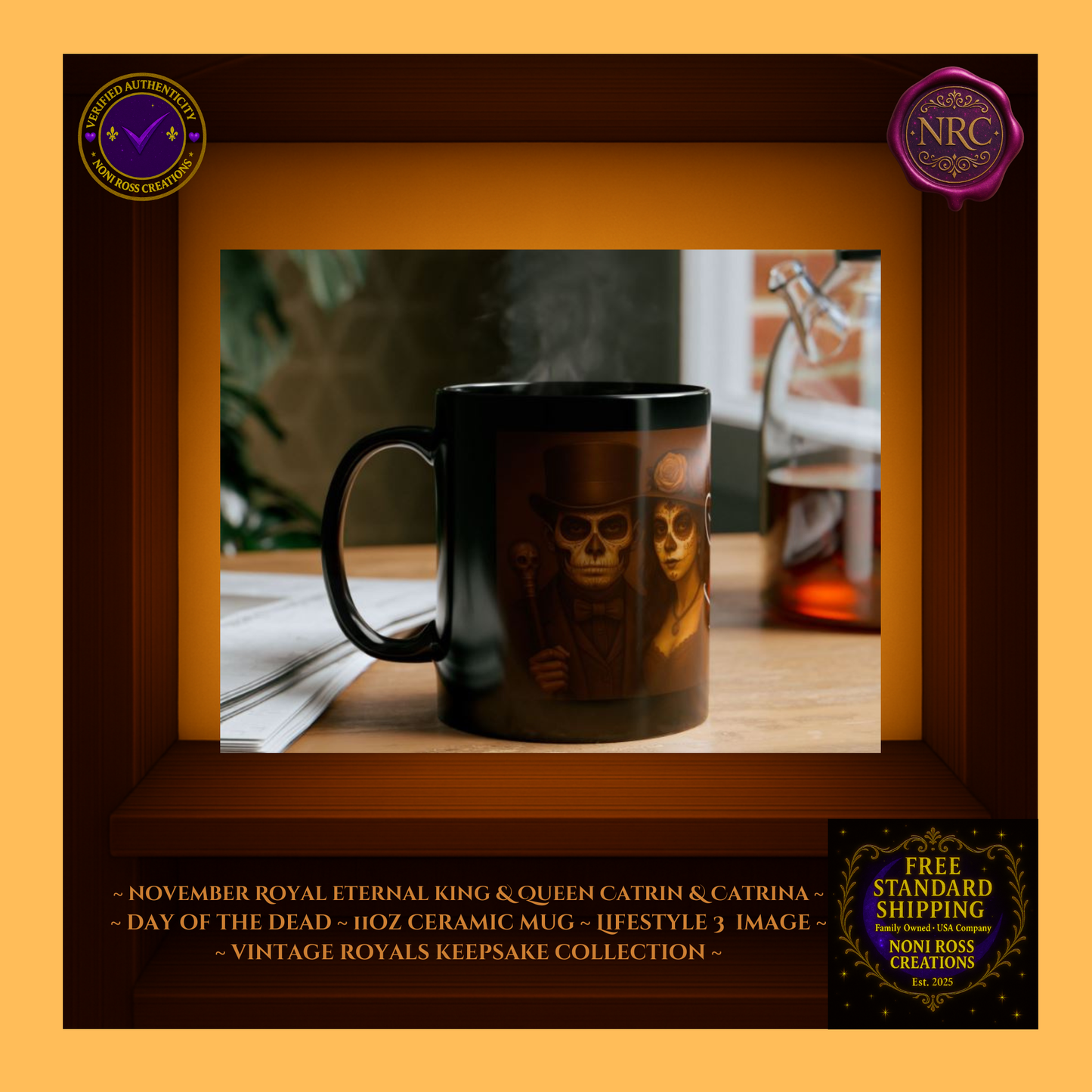 Lifestyle setting — November King & Queen Mugs beside pastry and winter decor | 💜 NoniRossCreations.com