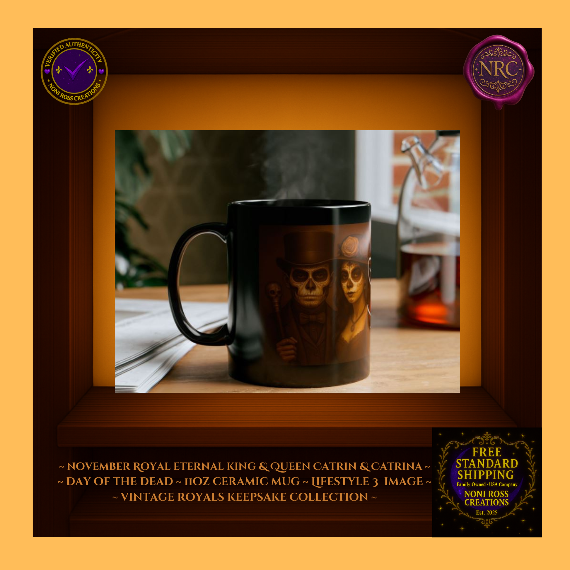 Lifestyle setting — November King & Queen Mugs beside pastry and winter decor | 💜 NoniRossCreations.com