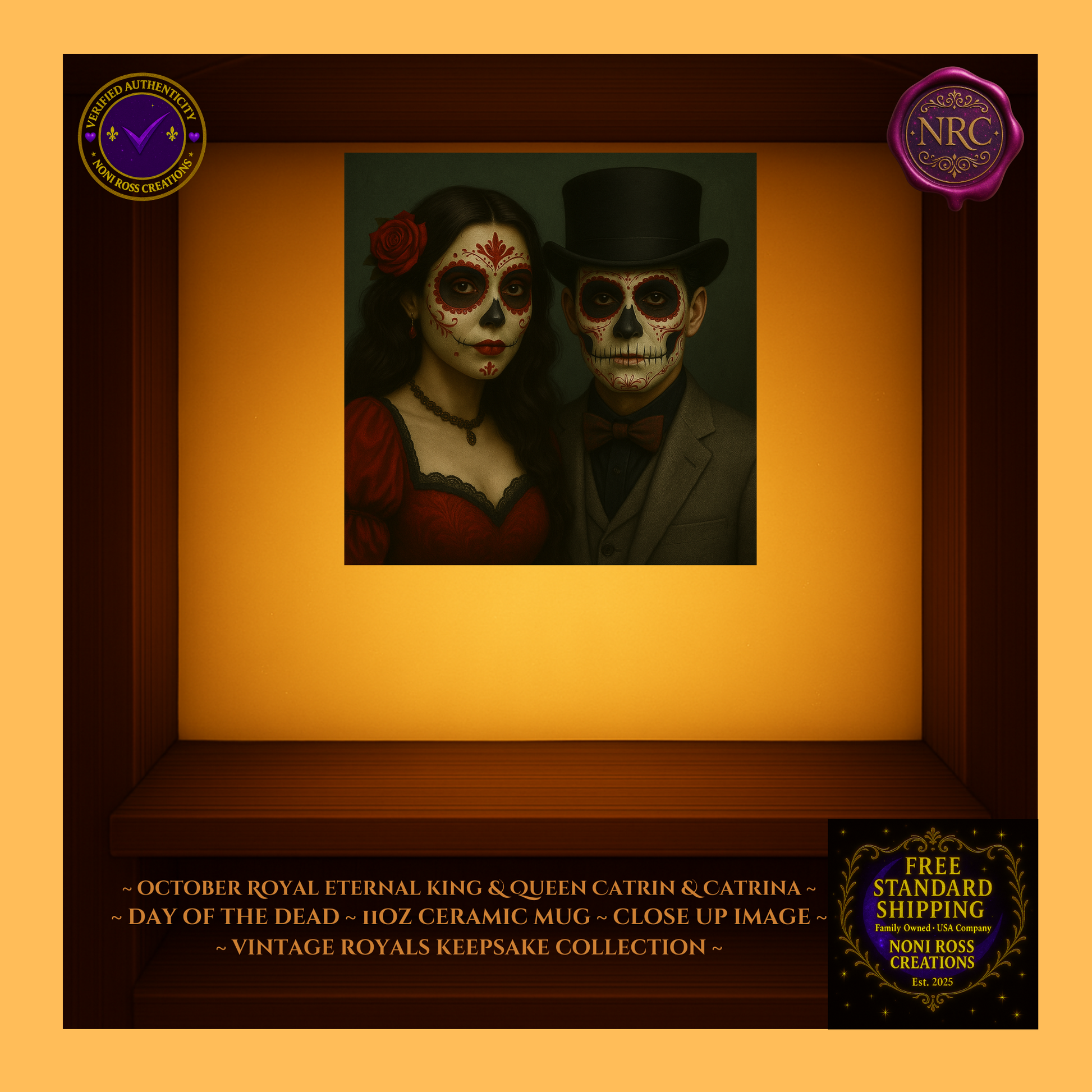 Close-up of October King & Queen faces with golden crowns and candlelight reflections — vintage royal art