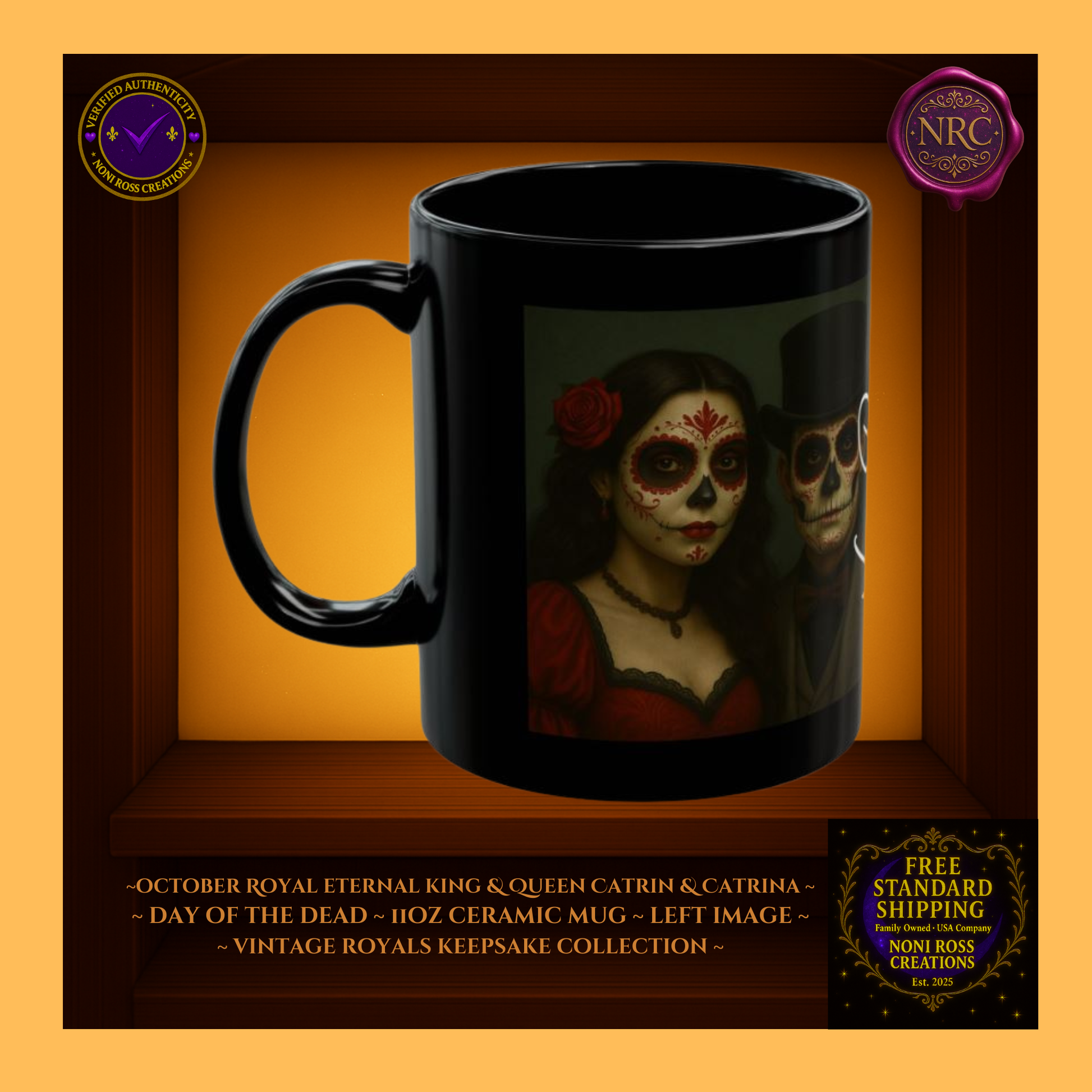 Left side — October Eternal King & Queen Mugs showing crimson and gold attire, 11 oz ceramic mugs