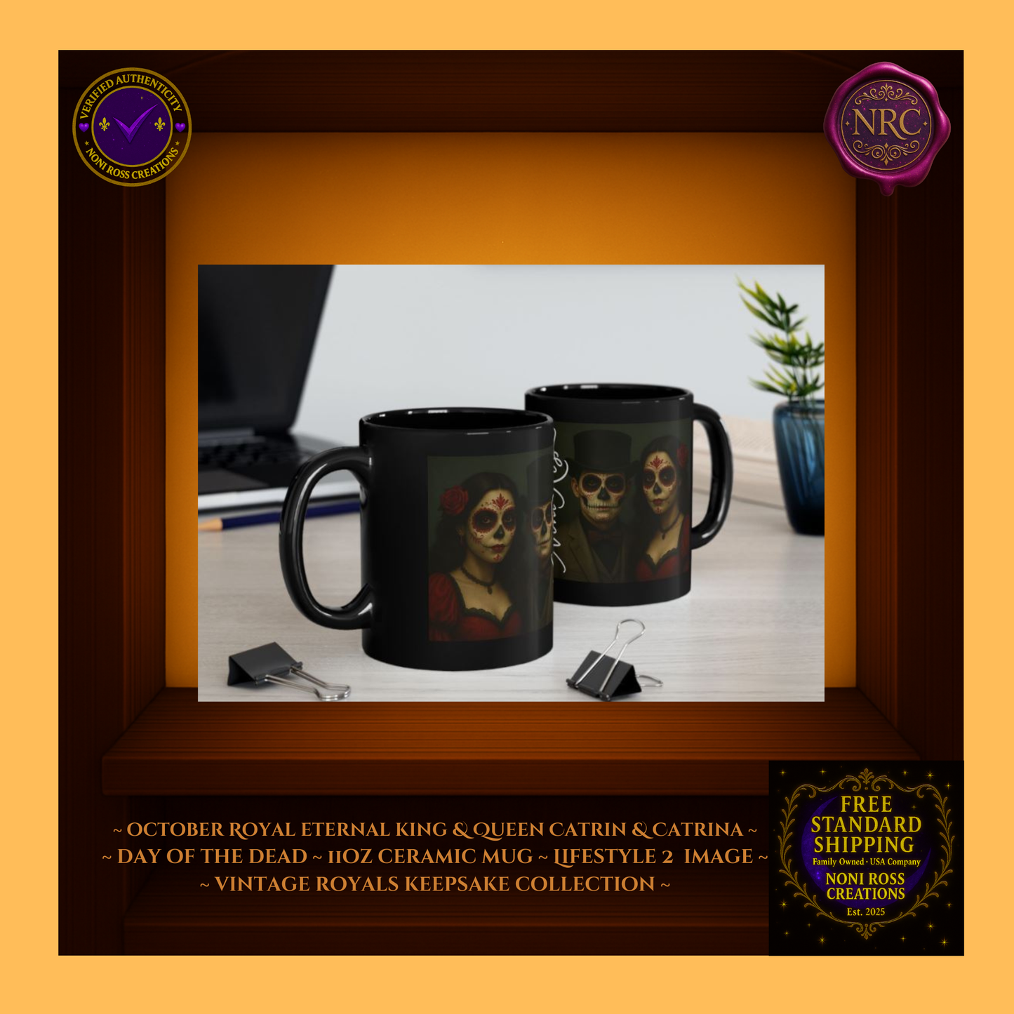 Collector display — October Eternal King & Queen Mugs side by side with golden accents | 💜 Noni Ross Creation