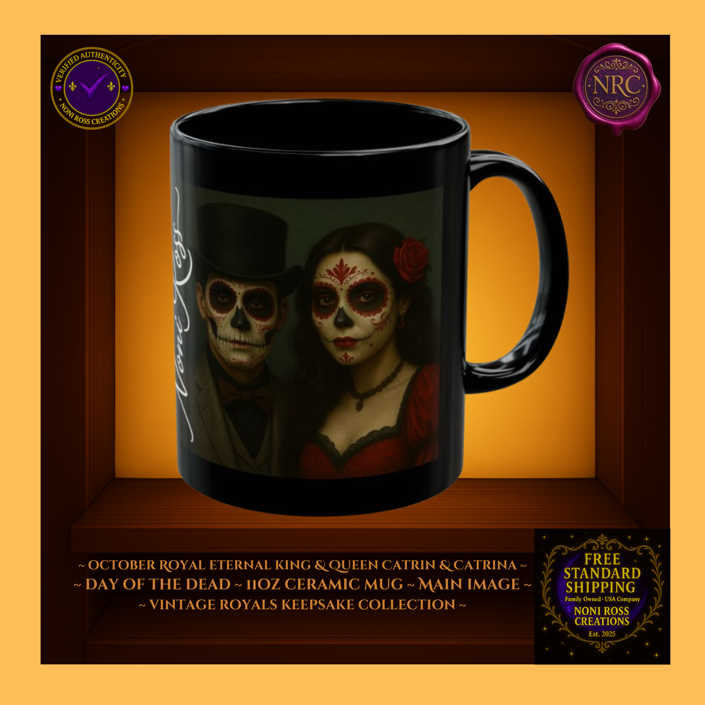 October Eternal King & Queen Catrin & Catrina Mug Set 11 oz in black, crimson, and gold tones | 💜 Noni Ross Creations