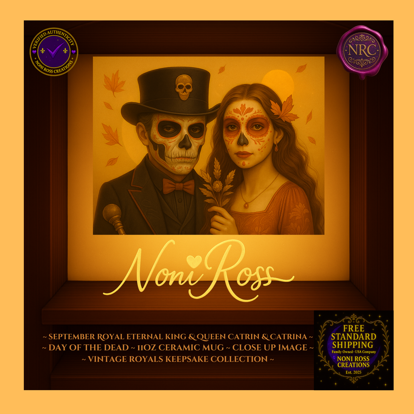 Close-up of September King & Queen faces with jeweled crowns and gold-green shimmer — vintage royal portrait art