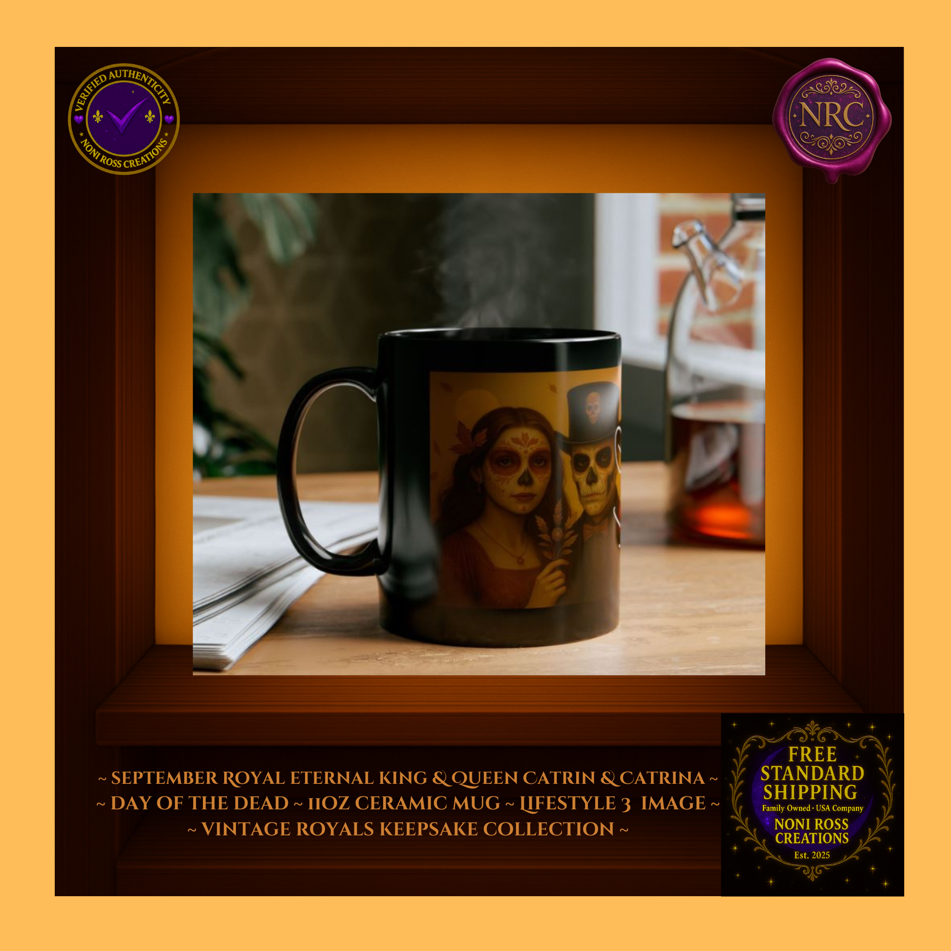Lifestyle scene — September King & Queen Catrin & Catrina Mugs beside pastries and book | 💜 NoniRossCreations.com