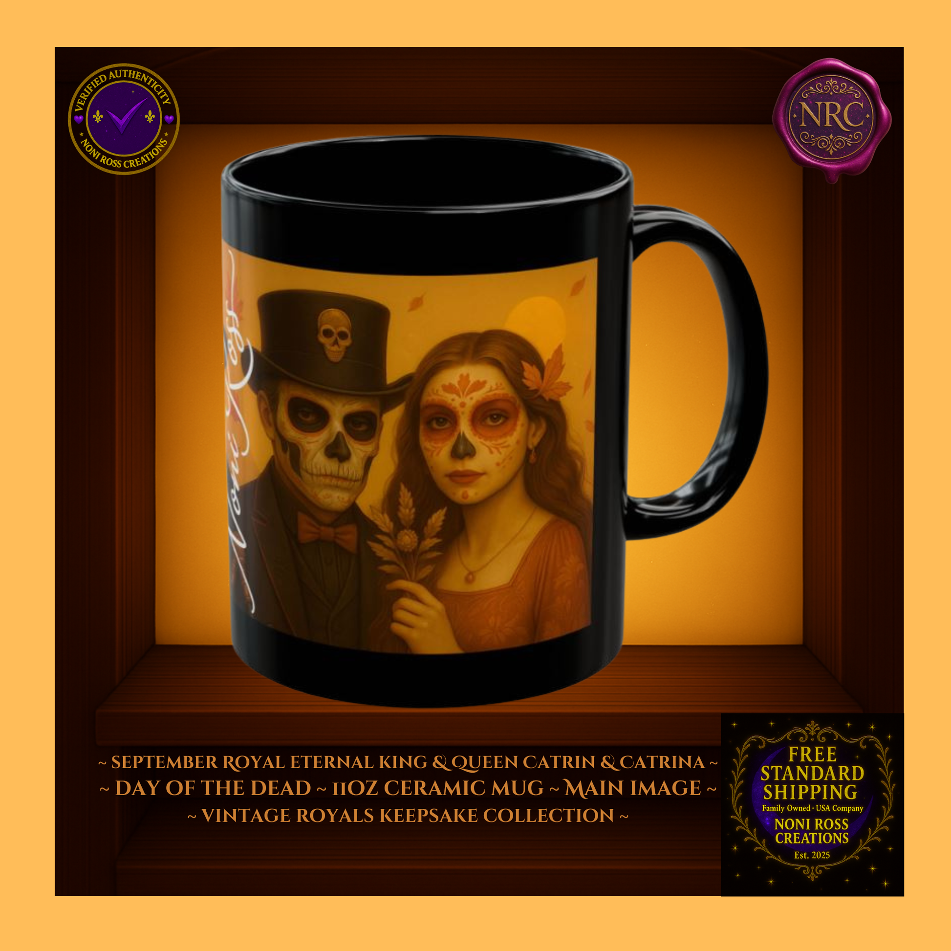 September Eternal King & Queen Catrin & Catrina Mug Set 11 oz in bronzed copper and emerald tones | 💜 Noni Ross Creations