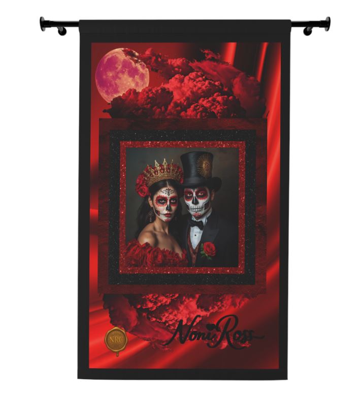 Day of the Dead Crimson Ember curtain accenting a romantic bedroom with dark wood furnishings and ambient lighting