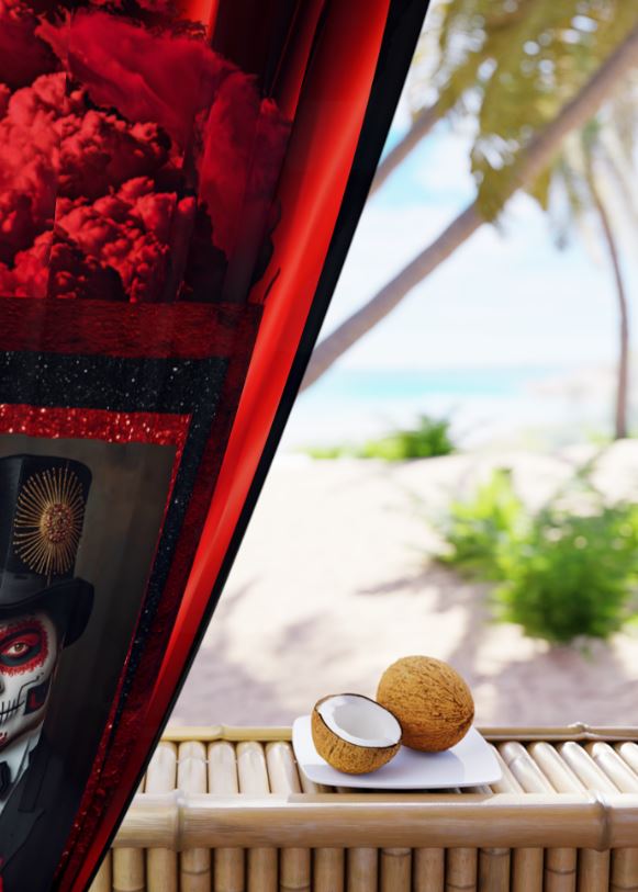 Crimson Ember blackout curtain displayed in a cozy ritual nook with moonlight shining through red fabric