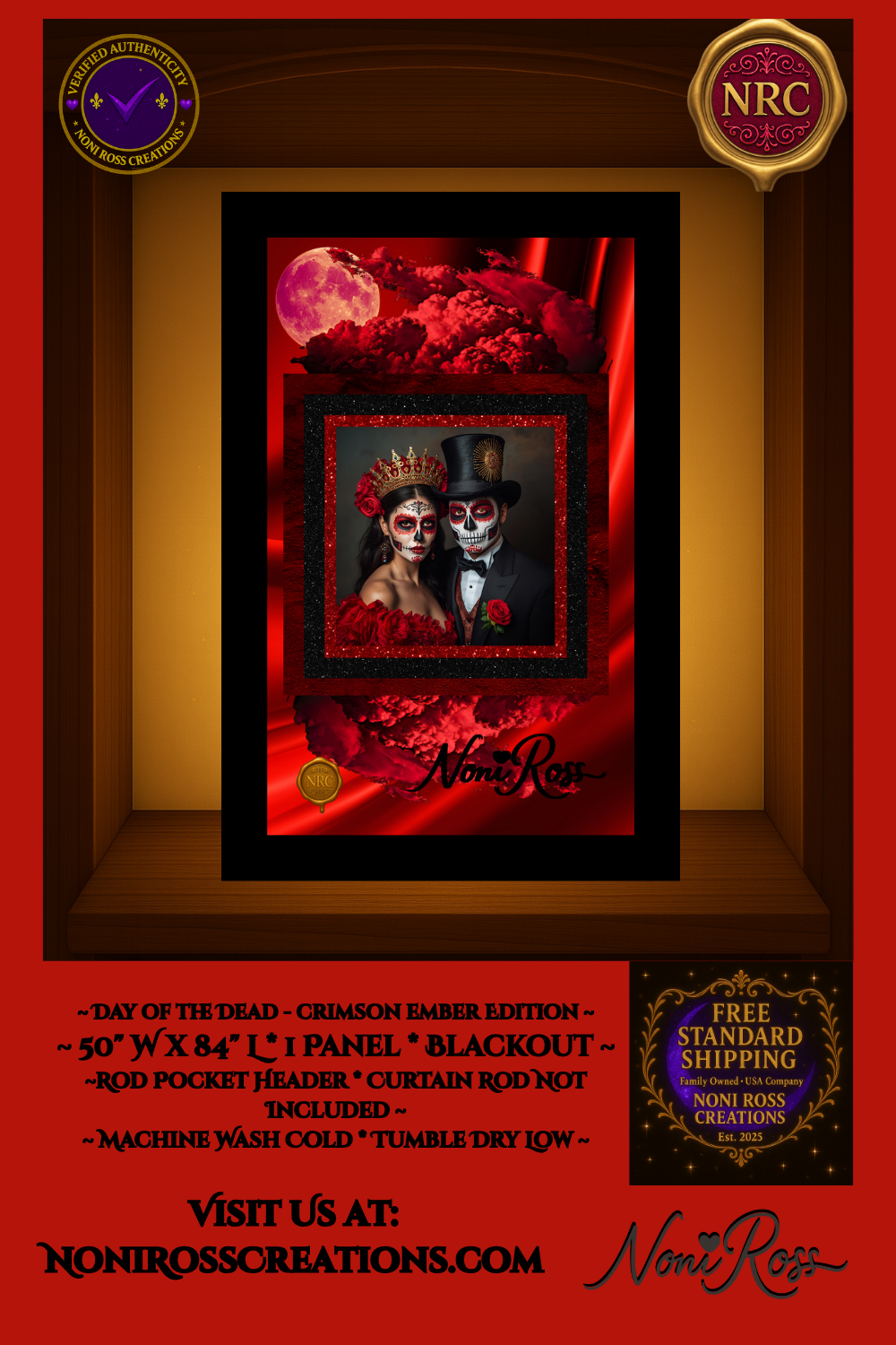 Luxurious red and black Crimson Ember curtain hanging in a gothic-inspired living room with candlelight reflections