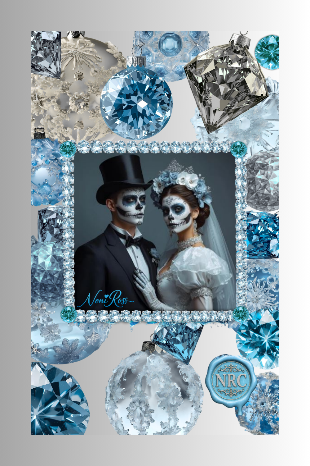 Day of the Dead sapphire couple design on blackout curtain styled in a modern bedroom with dark wood and cool gray walls