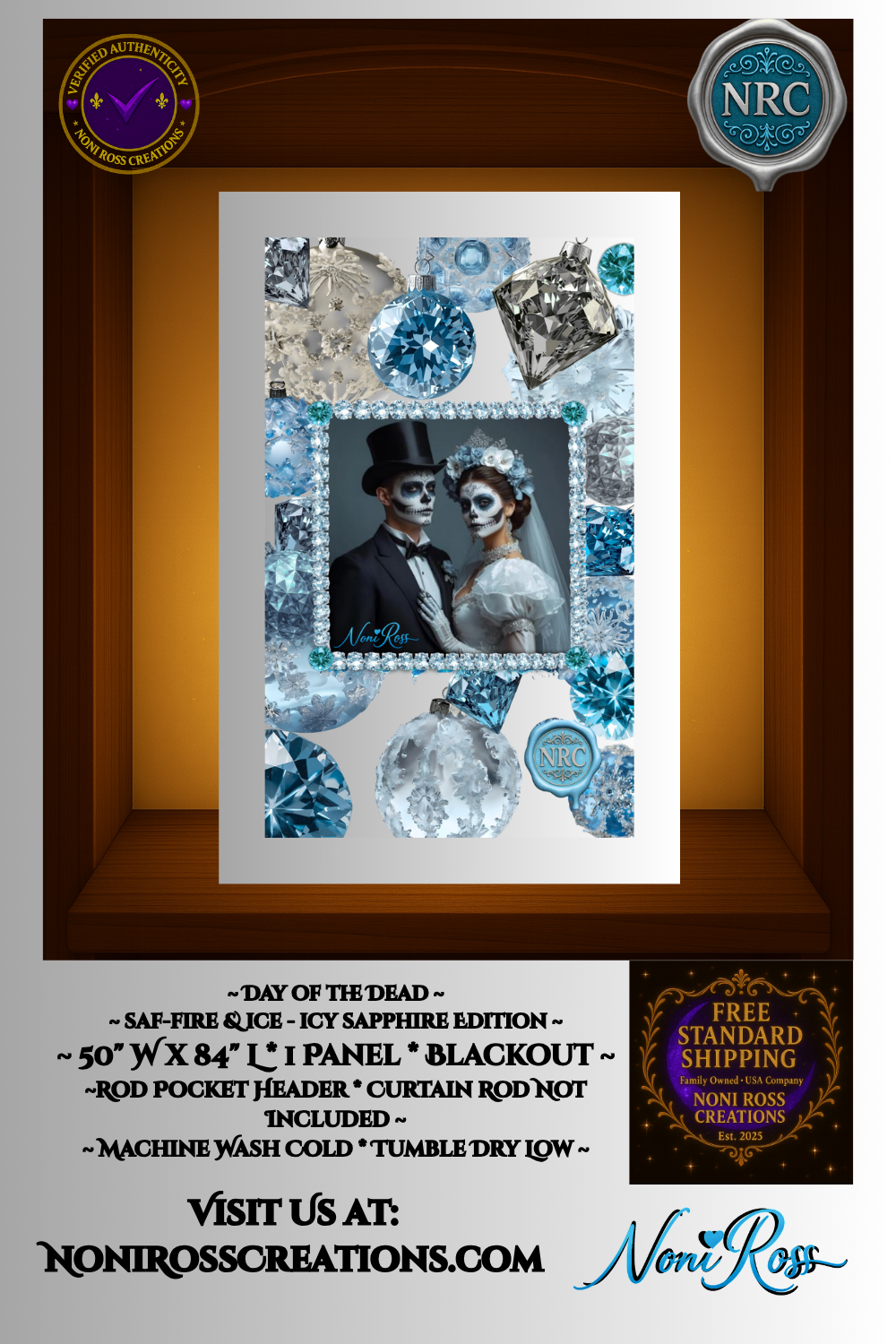 Saf-fire & Ice – Icy Sapphire Edition blackout curtain featuring a Day of the Dead couple framed in sapphire crystals and silver lace by Noni Ross Creations.