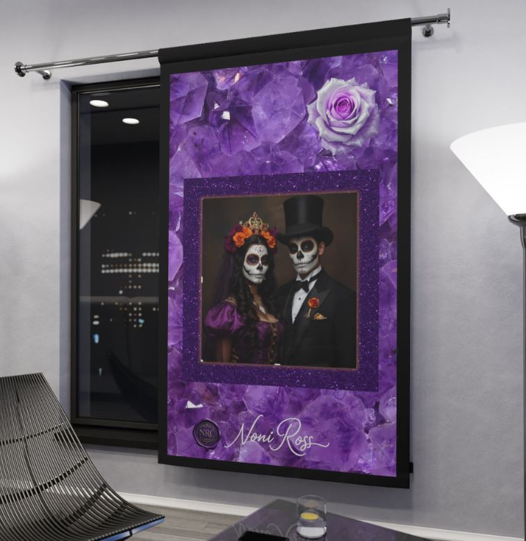 Full blackout curtain in deep violet and copper tones with floral accents