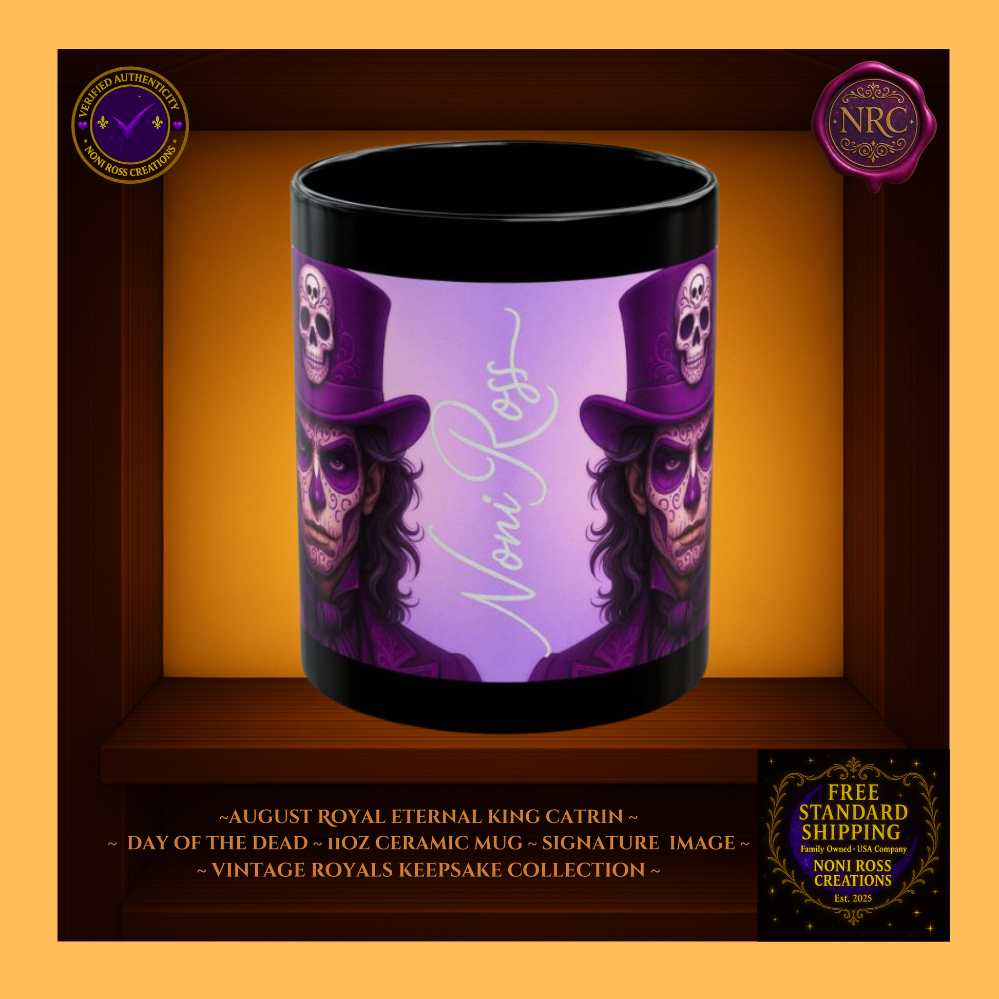 Signature spine — 💜 Noni Ross Creations logo with Vintage Royals filigree on gold background